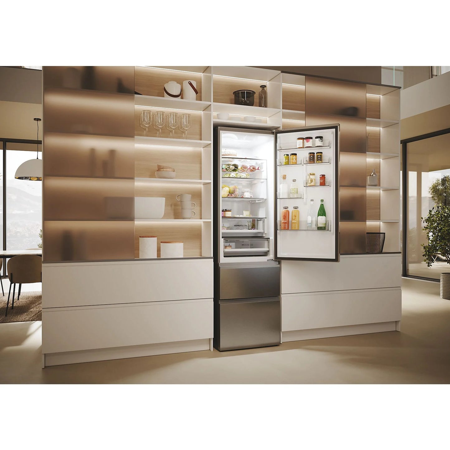 Haier Combi 3D 60 Series 5 refrigerator in inox finish, 205 cm tall, featuring No Frost and Direct Access design.