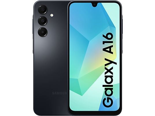 Samsung Galaxy A16 LTE mobile phone in black with 128 GB storage, 4 GB RAM, and 6.7" FHD+ Super AMOLED display.