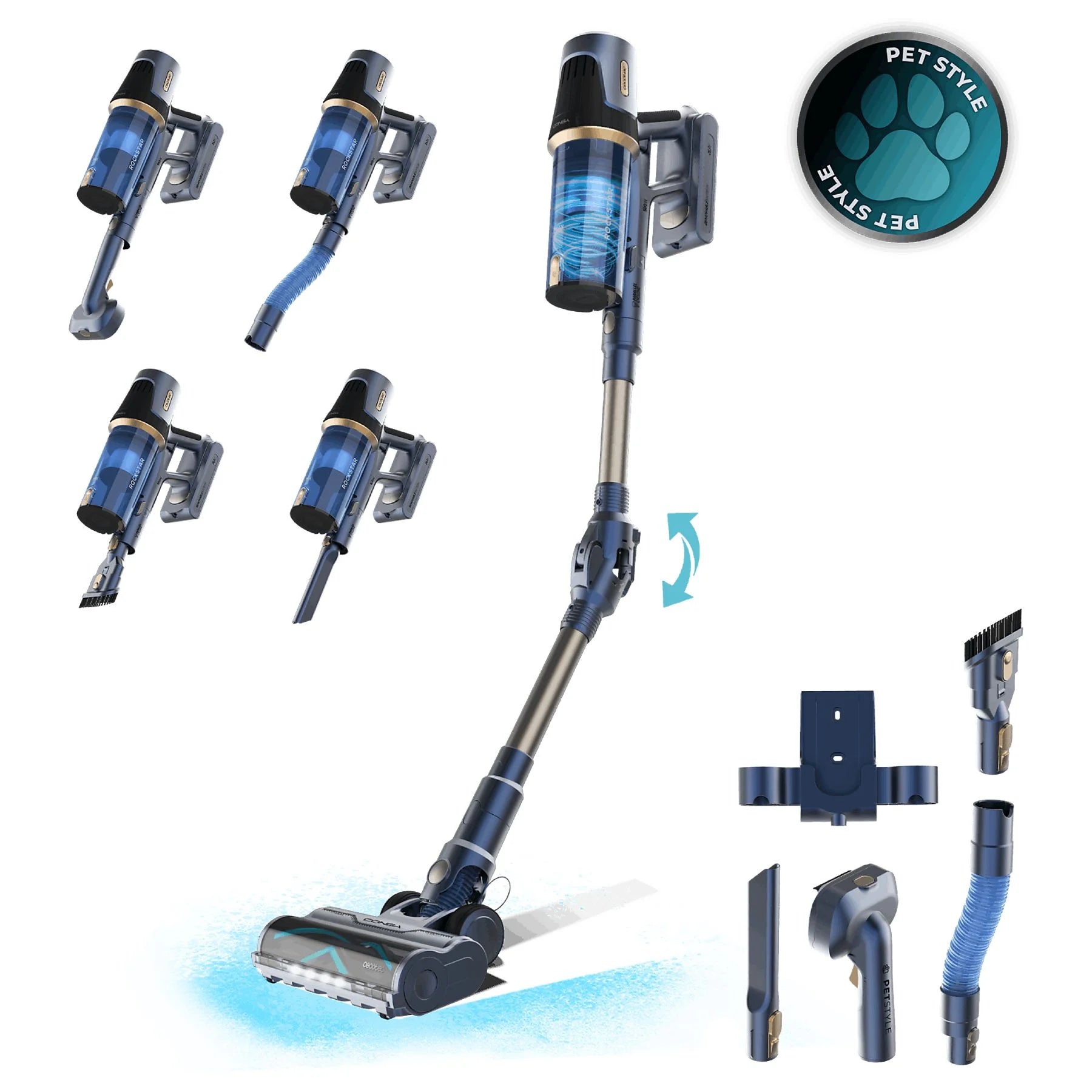 Cecotec Conga Rockstar RS70 Pet Flex cordless vacuum cleaner in black and gold, designed for pet hair with a flexible brush.