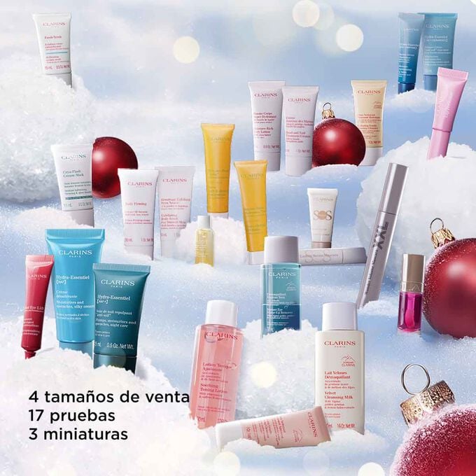 Calendario de Adviento CLARINS con 24 sorpresas de tratamientos faciales, corporales y maquillaje en diseño ecológico.