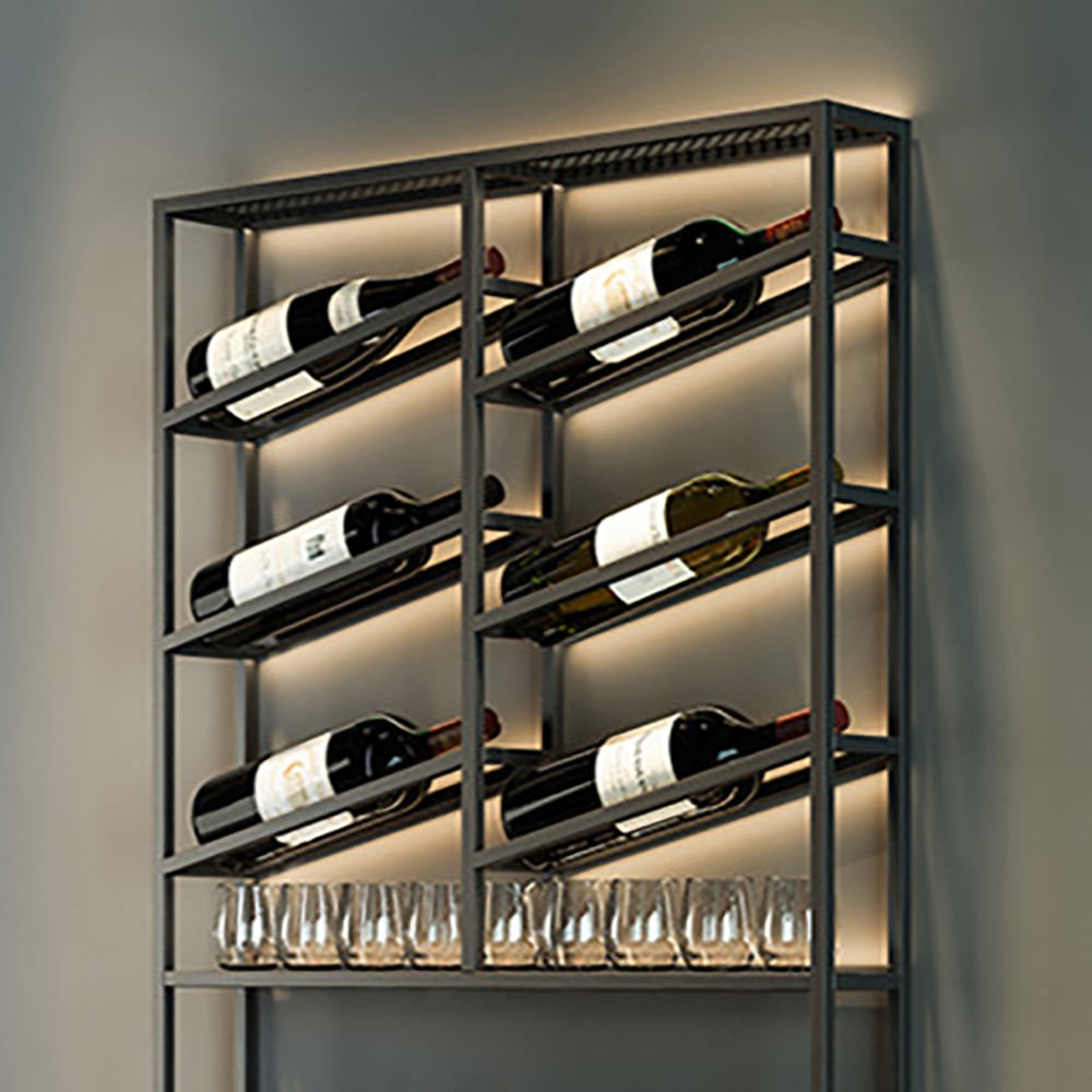 Estante industrial de pared negro para vino, capacidad para 6 botellas, con 2 estantes de metal decorativo.