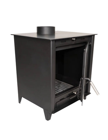 Estufa de leña Prensa Stove RALPH FR500 insertable, 8.8 kW, diseño moderno y eficiente, vista frontal en ambiente acogedor.