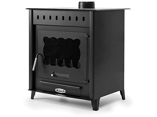 Estufa de leña Prensa Stove TEIDE de 12,6 kW en acero, diseñada para calentar espacios de hasta 220 m³.