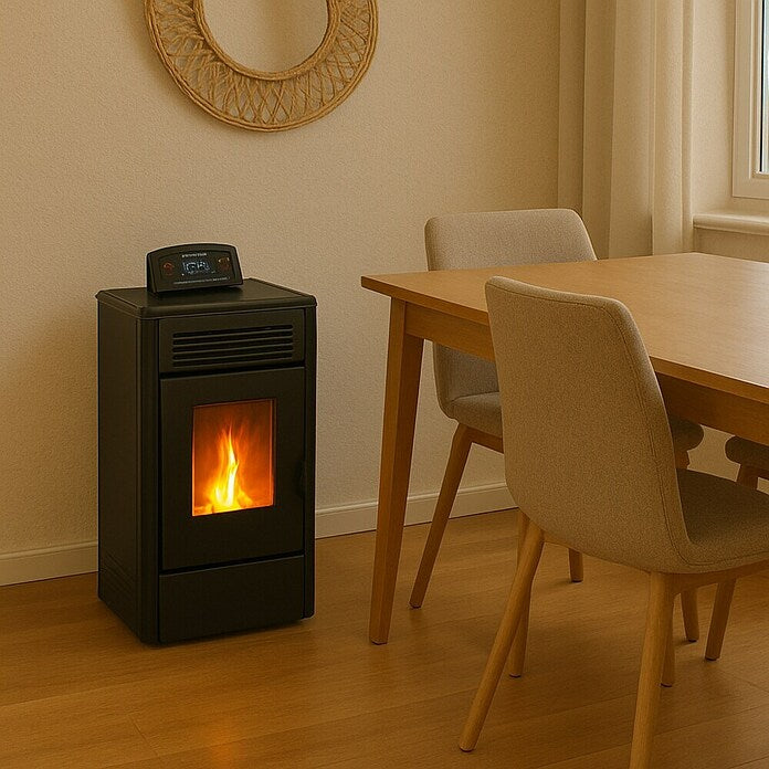 Estufa de pellets NEBULA 9 kW con contenedor de 15 kg y eficiencia A+ en diseño moderno y funcional.