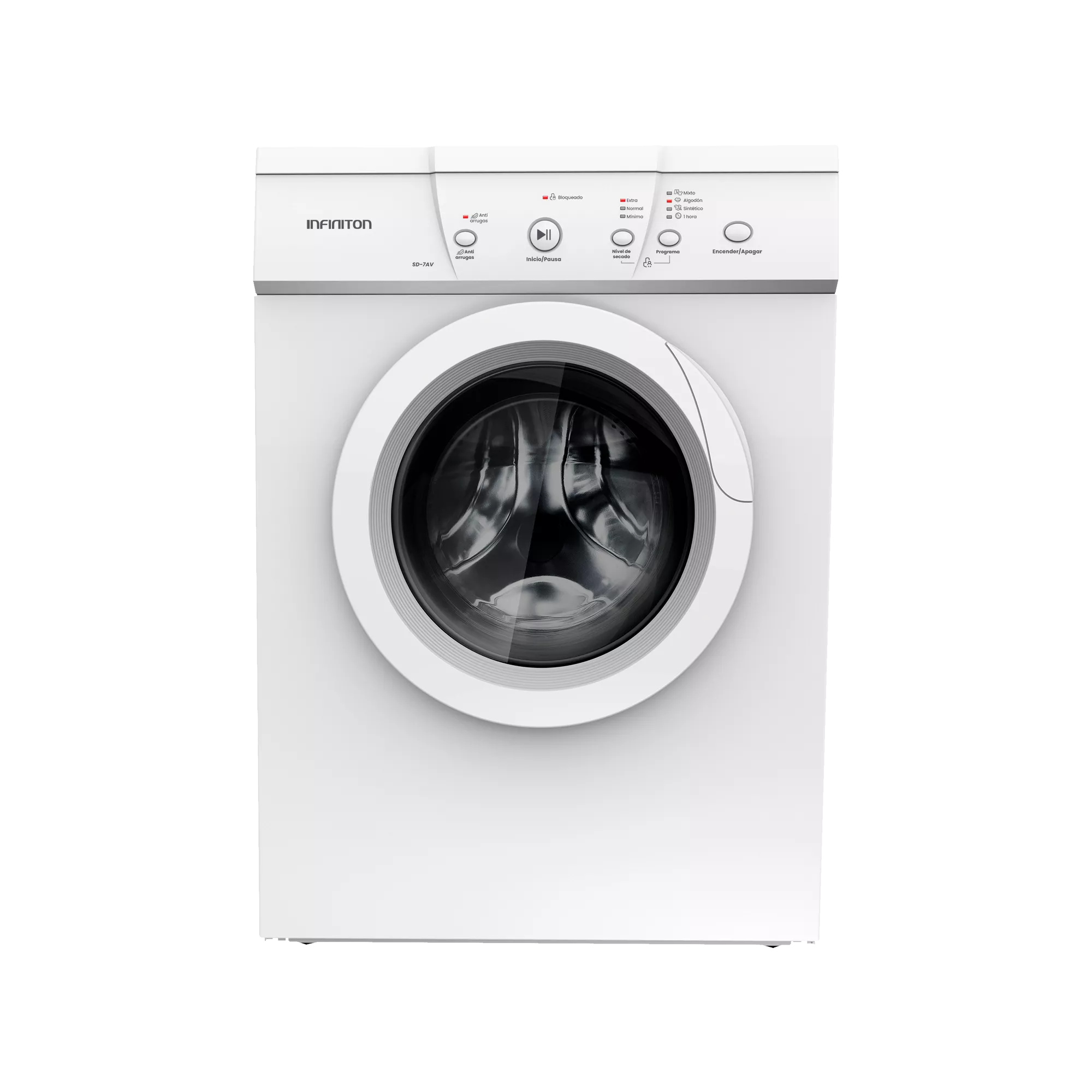 Secadora evacuación Infiniton SD-7AV de 7kg con diseño moderno y panel de control intuitivo.