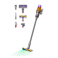 Dyson V12 Detect Slim Absolute cordless stick vacuum with sleek design and advanced cleaning technology showcased in use.