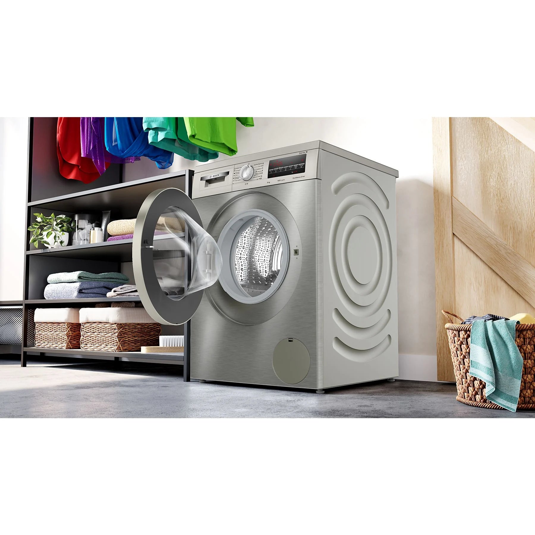 Bosch WUU28T8XES front-loading washer with 8 kg capacity, 1,400 rpm, and stainless steel finish.