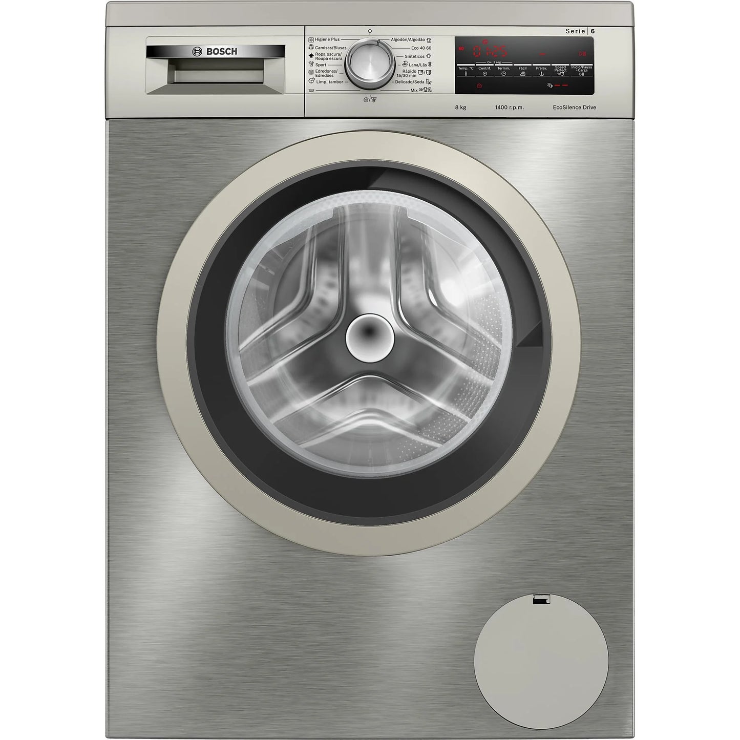 Bosch WUU28T8XES front-loading washing machine, 8 kg capacity, stainless steel design, featuring 15 wash programs.