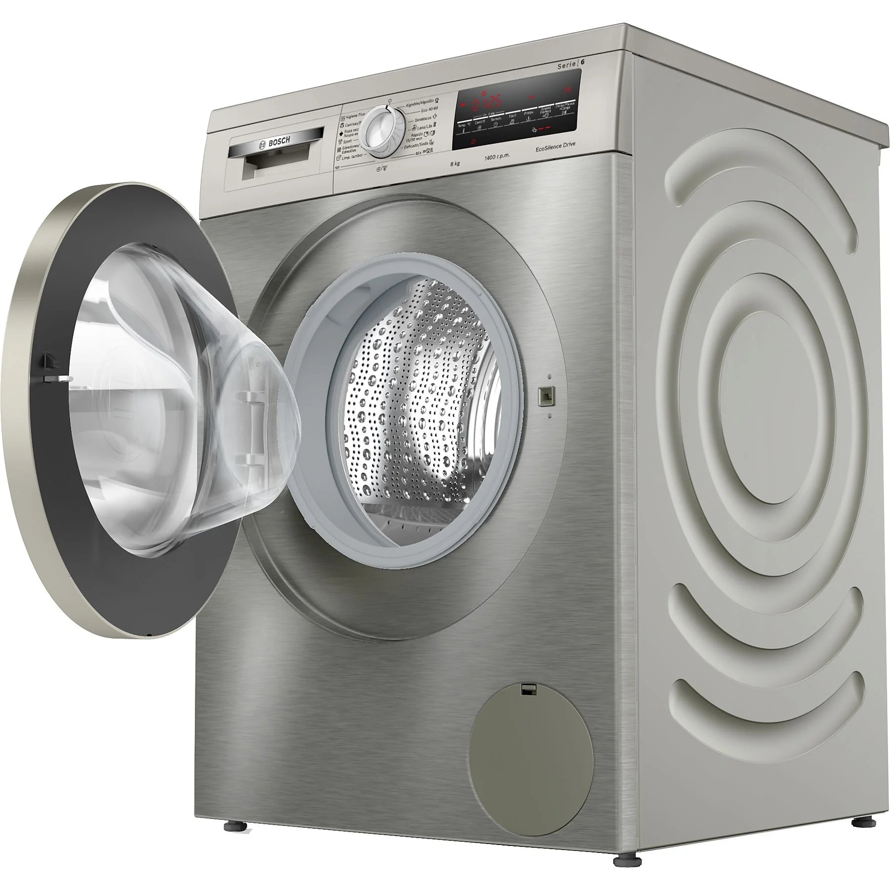 Bosch WUU28T8XES front-loading washing machine, 8 kg capacity, stainless steel finish, 15 programs, 1,400 rpm.