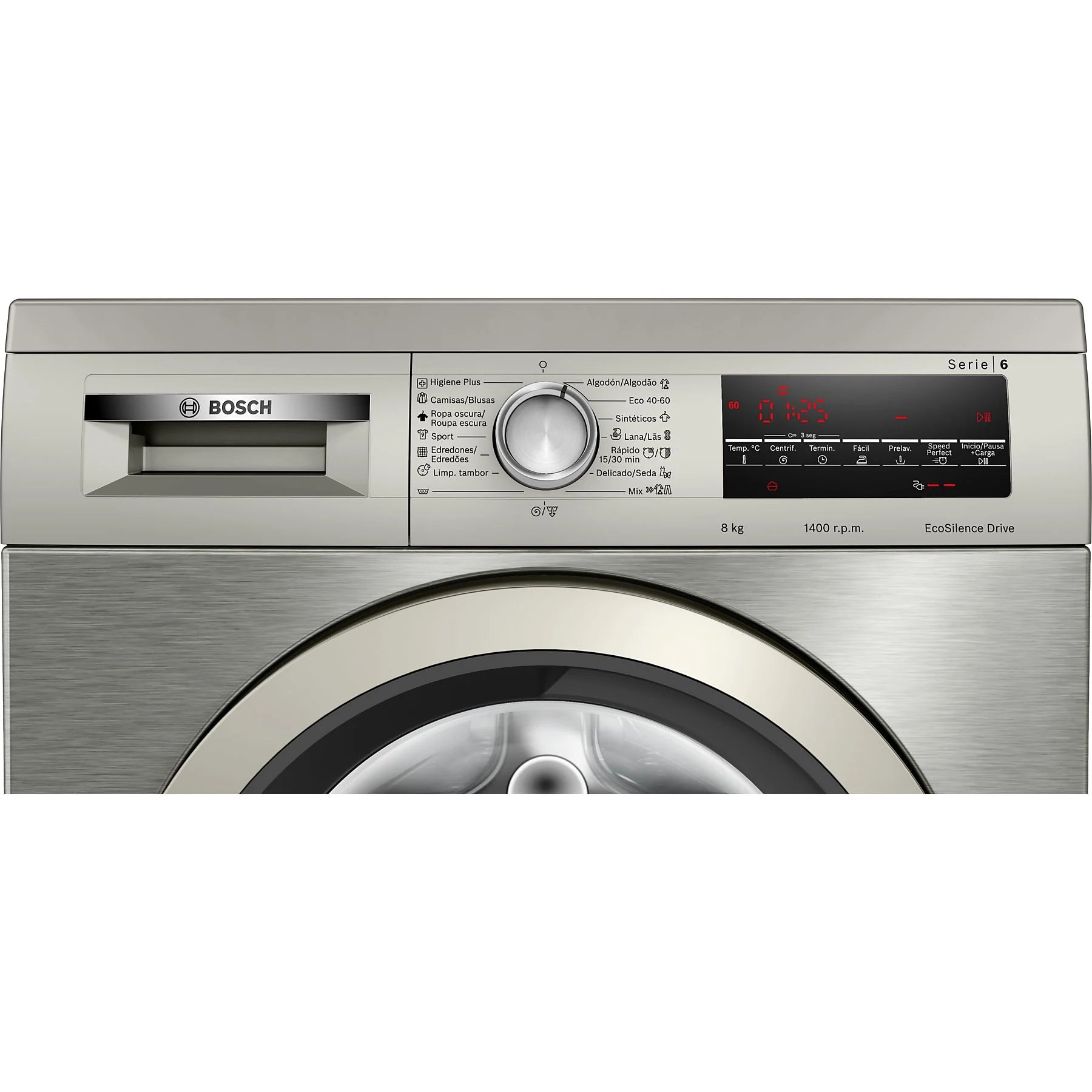 Bosch WUU28T8XES front-loading washing machine, 8 kg capacity, stainless steel finish, featuring 15 wash programs.