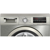 Bosch WUU28T8XES front-loading washing machine, 8 kg capacity, stainless steel finish, featuring 15 wash programs.