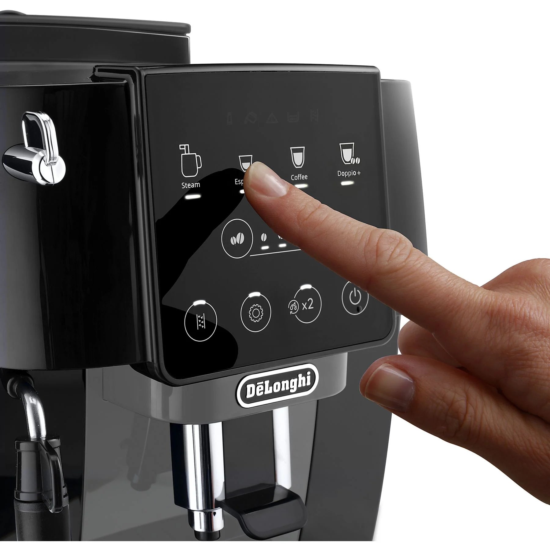 De'Longhi Magnifica Start ECAM220.21.BG superautomatic coffee machine with built-in grinder and steam wand in black.