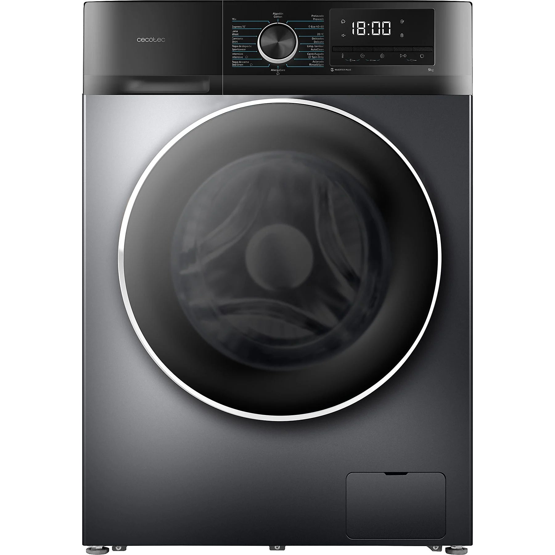 Cecotec Bolero DressCode 9500 Inverter front-loading washing machine in steel with 9 kg capacity and steam function.