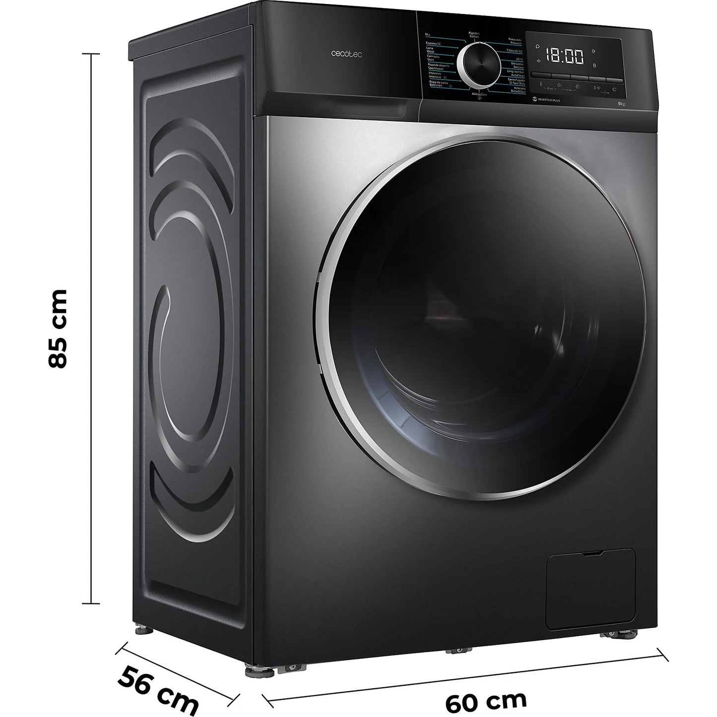 Cecotec Bolero DressCode 9500 Inverter front-loading washer in steel, 9 kg capacity with steam function and Allergy care.