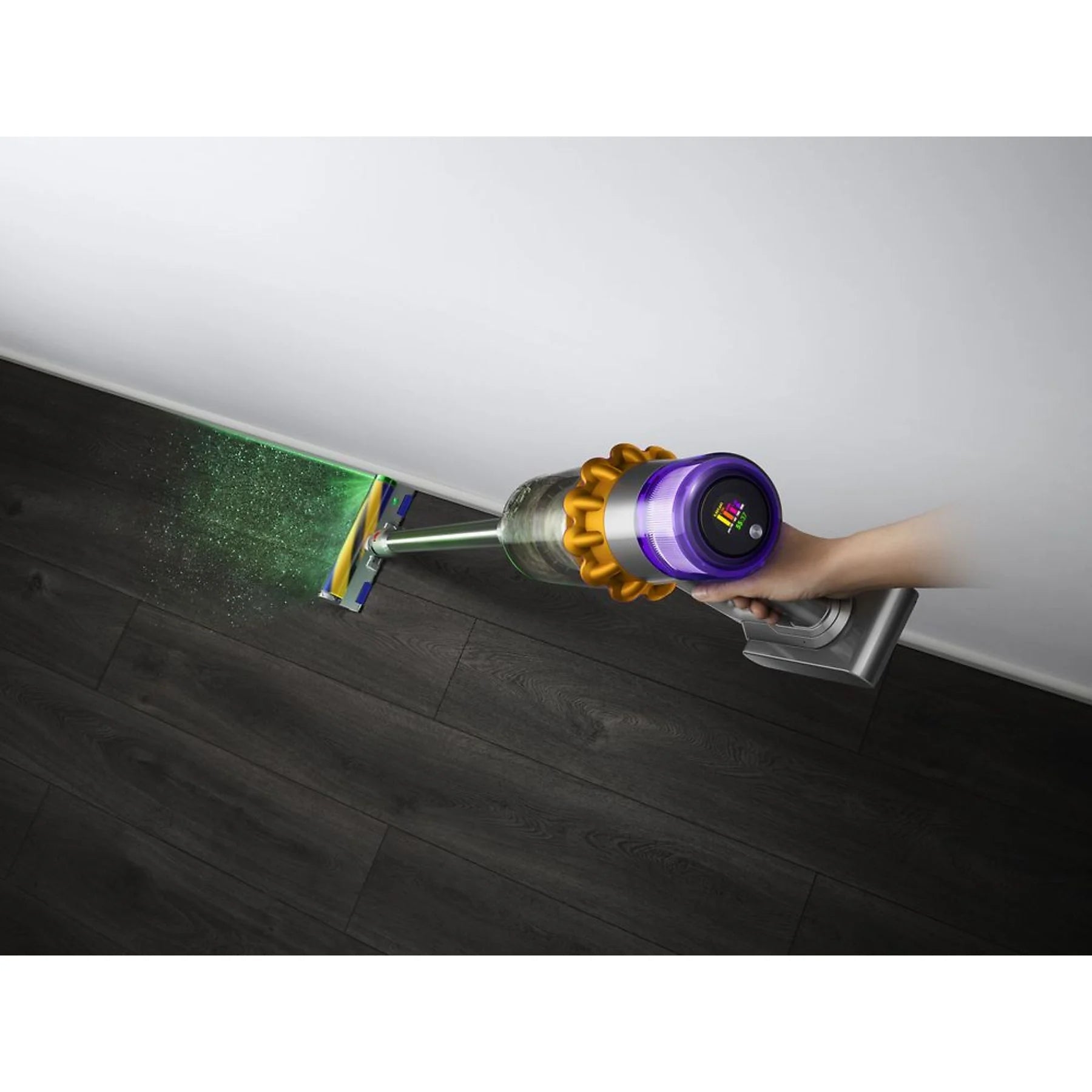 Dyson V15 Detect™ Absolute vacuum cleaner with laser technology, showcasing its powerful suction and smart features.