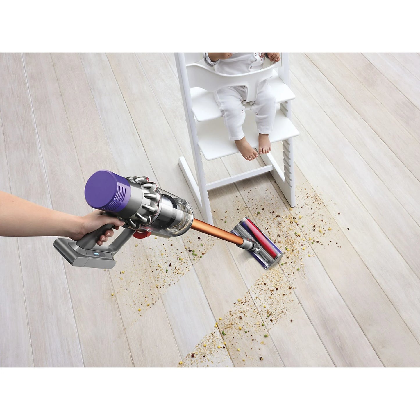 Dyson Cyclone V10 Absolute cordless stick vacuum with 150 AW suction power and cyclonic technology in nickel color.