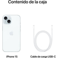 Apple iPhone 15 in blue, featuring a 6.1" OLED Super Retina XDR display and A16 Bionic chip, 128 GB, 5G connectivity.