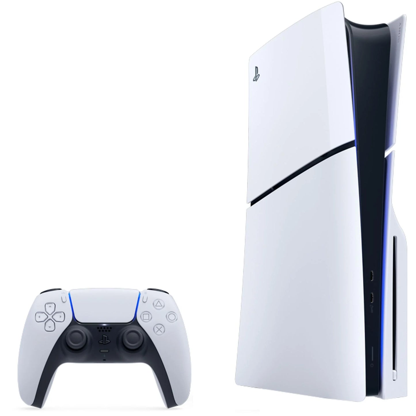 Sony PS5 Slim Standard console with 1 TB SSD, 4K capability, white chassis, and one controller.
