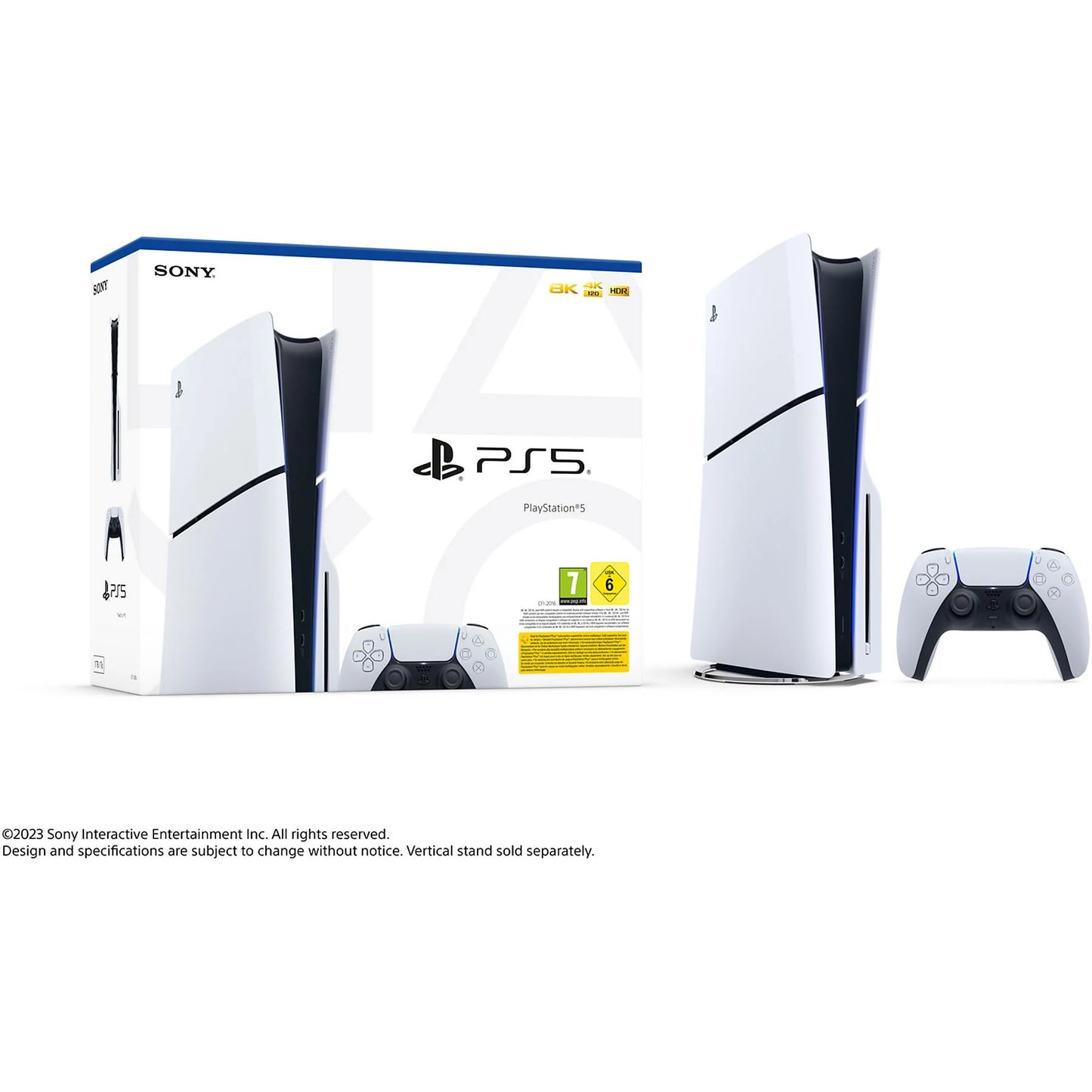 Sony PS5 Slim Standard console with 1 TB SSD, 4K capability, and white chassis, includes one controller.