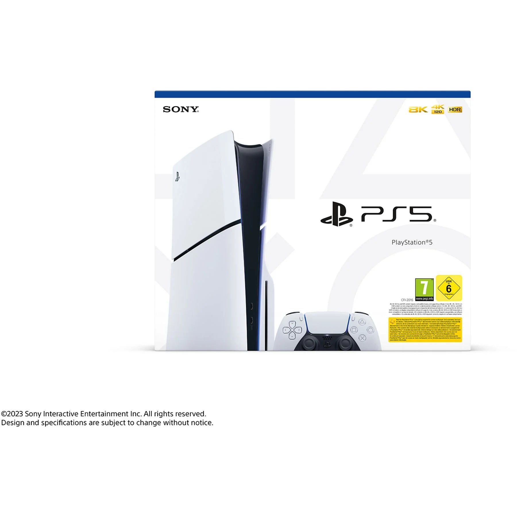 Sony PS5 Slim console in white with 1 TB SSD, 4K capabilities, and one controller displayed on a neutral background.
