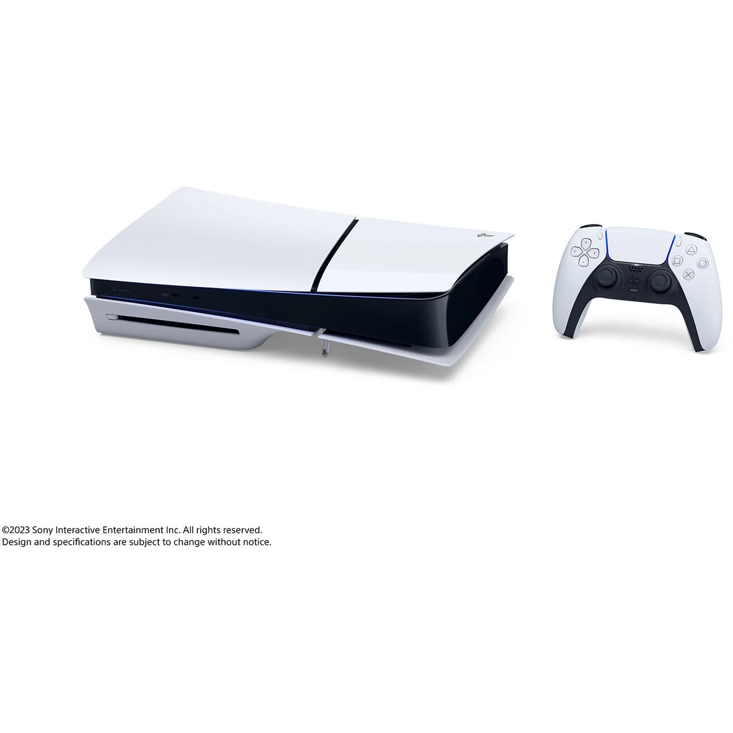 Sony PS5 Slim Standard console with 1 TB SSD, 4K capability, and one white controller in a sleek design.
