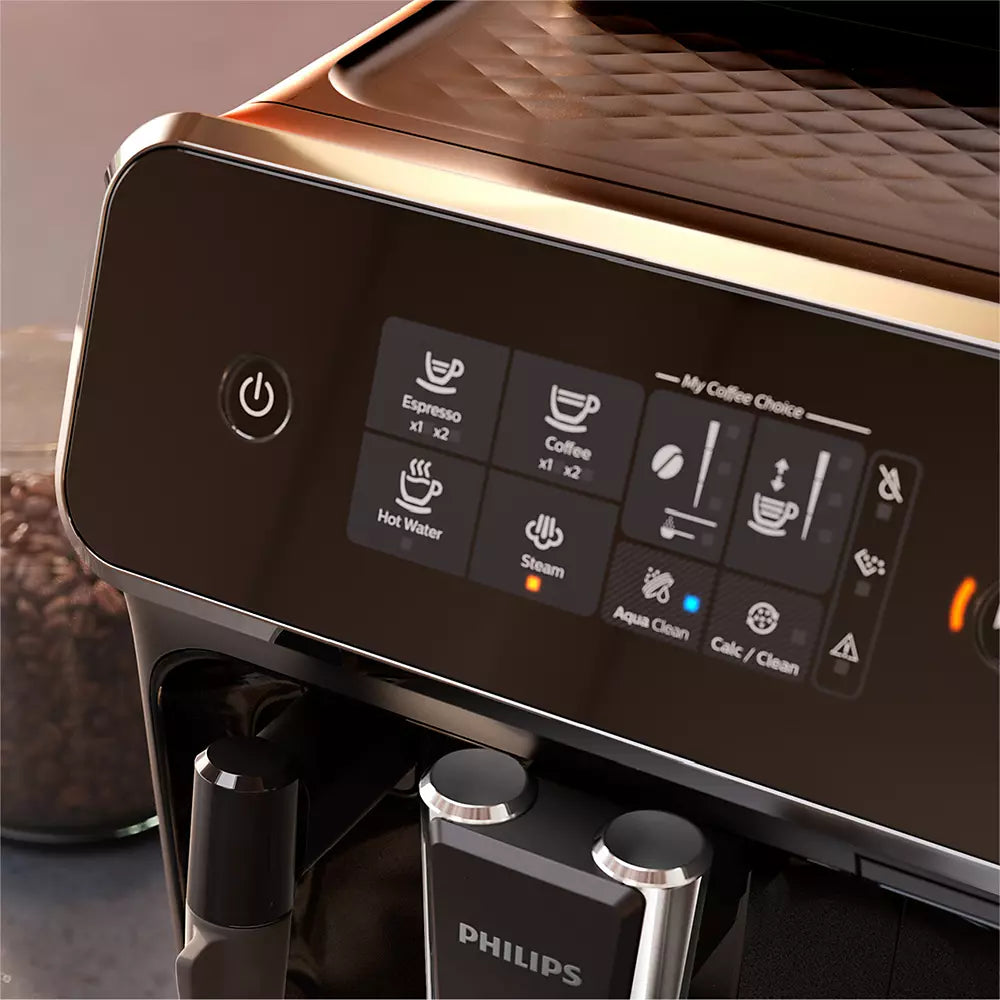 Philips EP2220/10 superautomatic coffee machine with integrated grinder and classic milk frother in black.