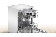 Bosch SMS4HVW02E dishwasher in white, featuring 14 place settings, 6 programs, and Home Connect technology.