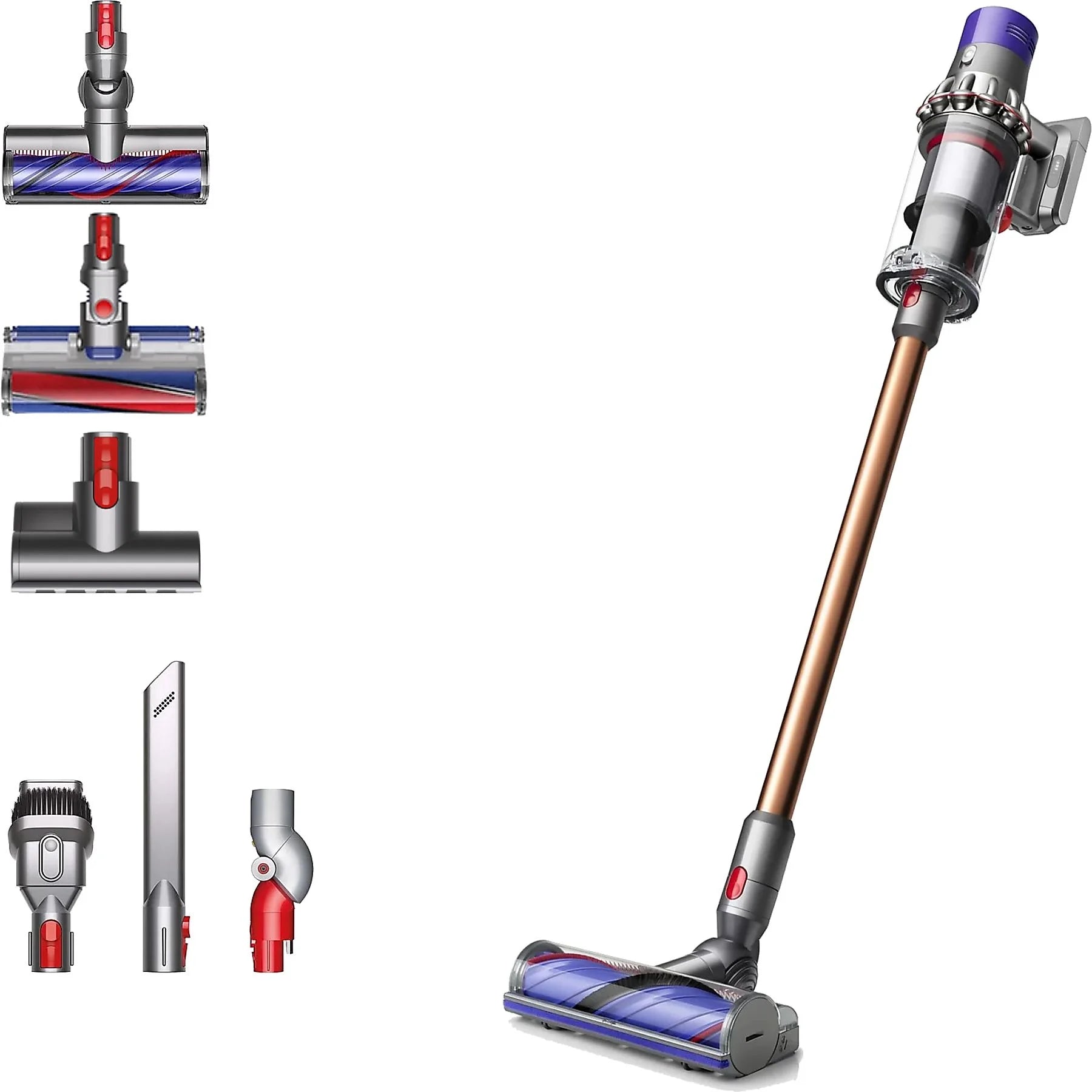 Dyson Cyclone V10™ Absolute cordless stick vacuum in nickel color, featuring 150 AW suction power and cyclonic technology.