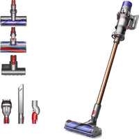 Dyson Cyclone V10™ Absolute cordless stick vacuum in nickel color, featuring 150 AW suction power and cyclonic technology.