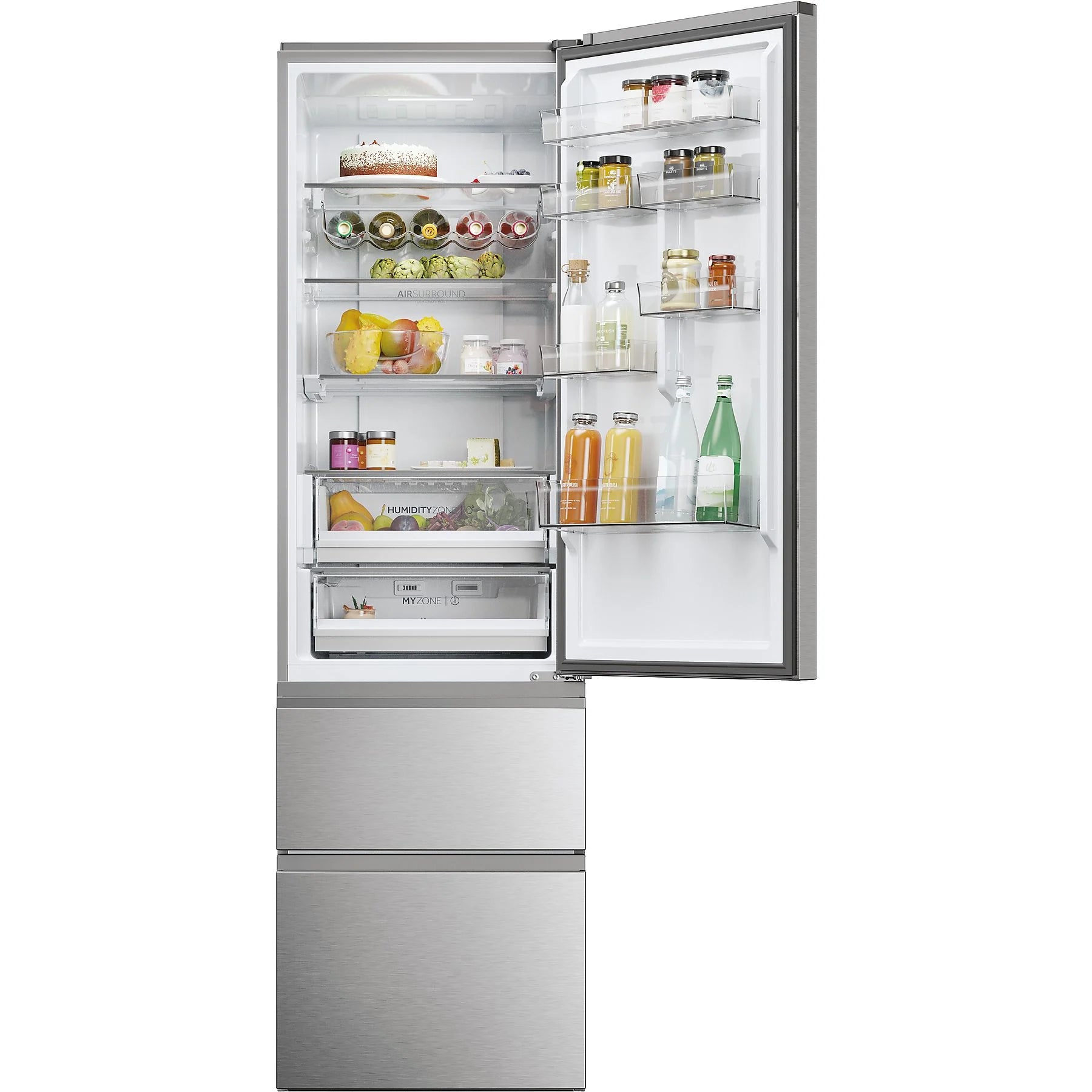 Haier Combi 3D 60 Series 5 refrigerator, No Frost, 205 cm tall, 414 l capacity, Wi-Fi enabled, stainless steel finish.