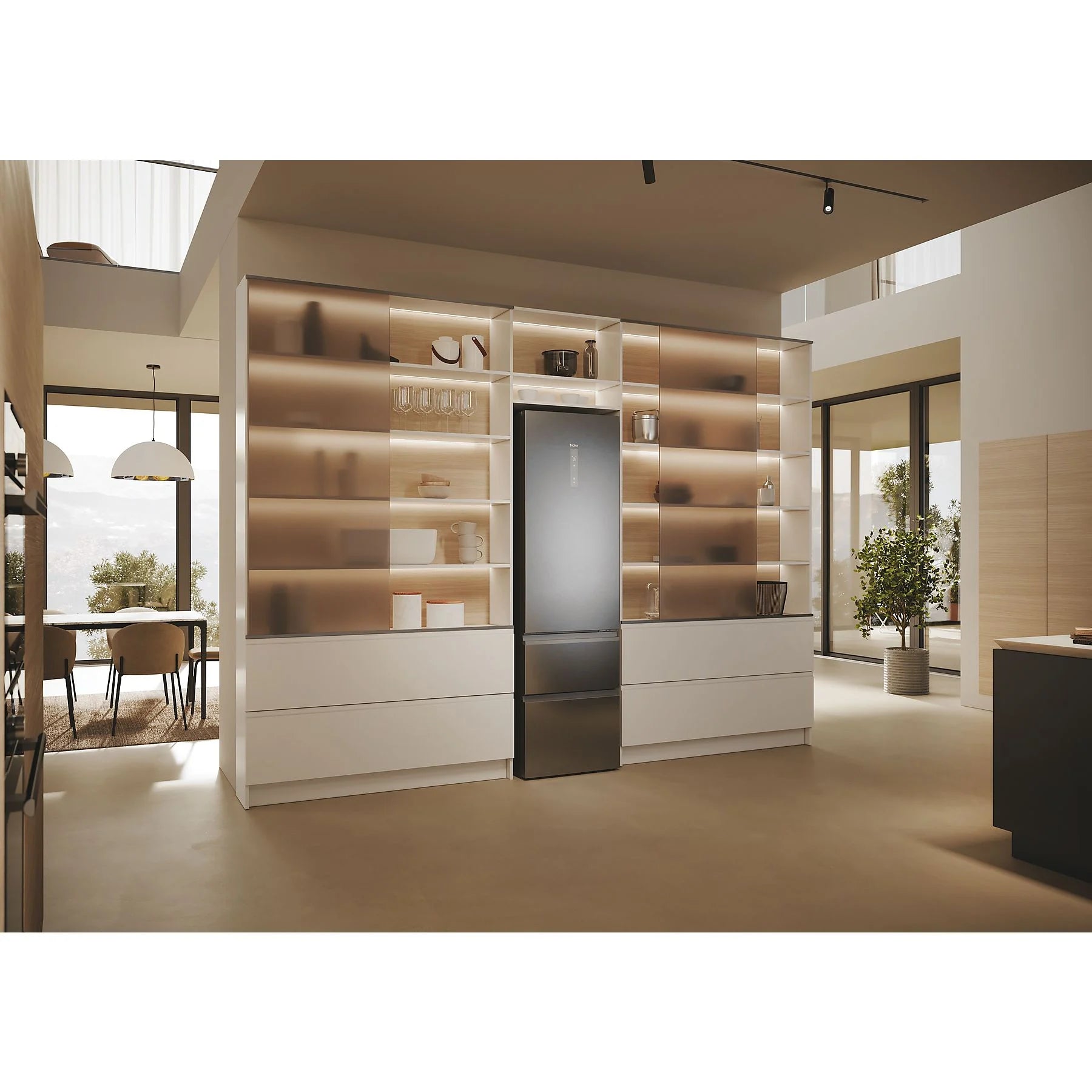 Haier Combi 3D 60 Series 5 refrigerator in inox finish, 205 cm tall, featuring No Frost and Direct Access design.