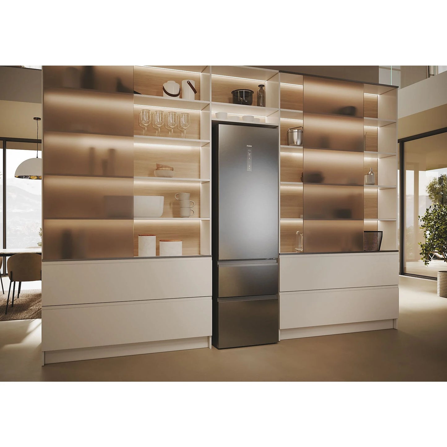 Haier Combi 3D 60 Series 5 fridge, No Frost, 205 cm tall, stainless steel, featuring Direct Access and Wi-Fi connectivity.