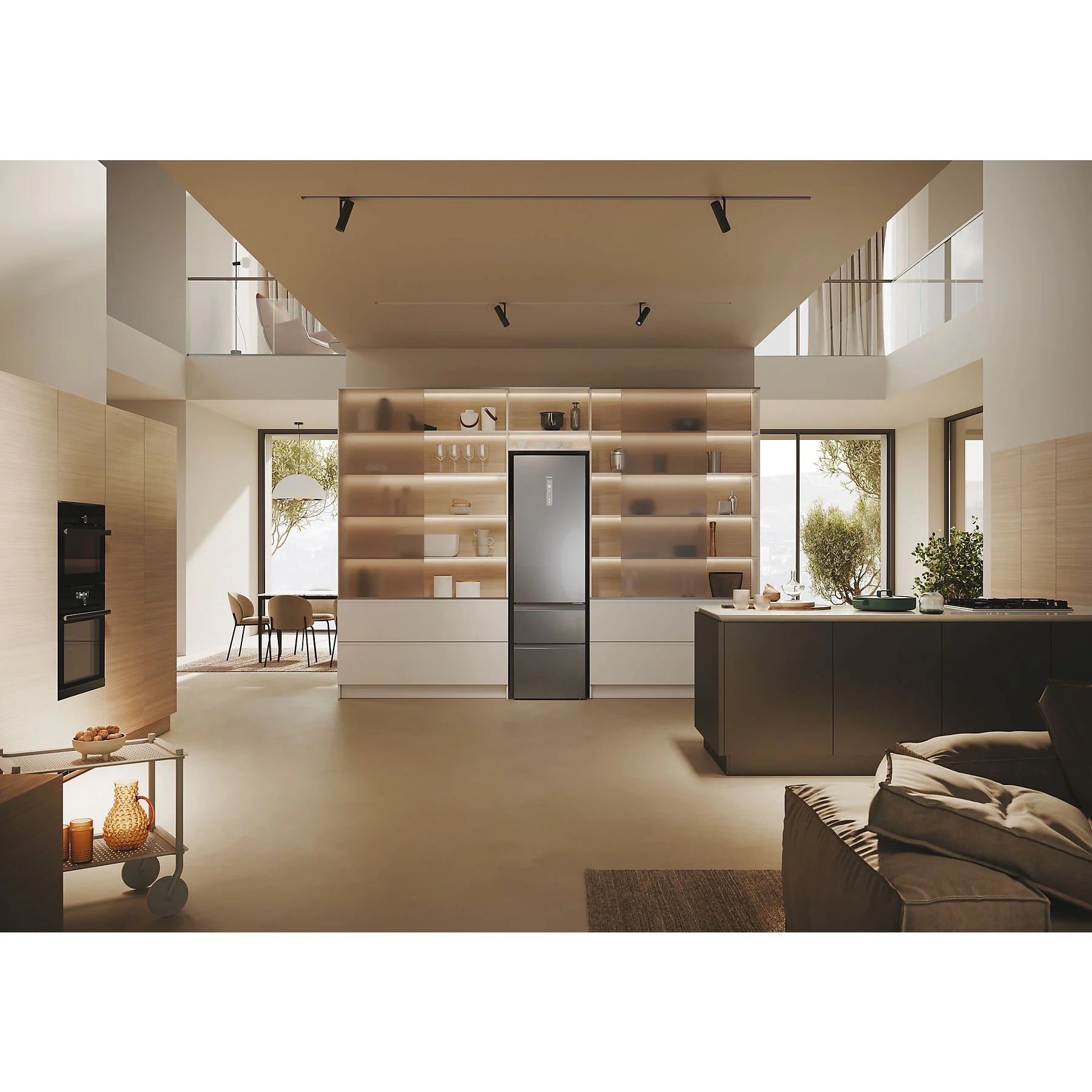 Haier Combi 3D 60 Series 5 refrigerator with No Frost, 205 cm height, 414 l capacity, and Wi-Fi in stainless steel finish.