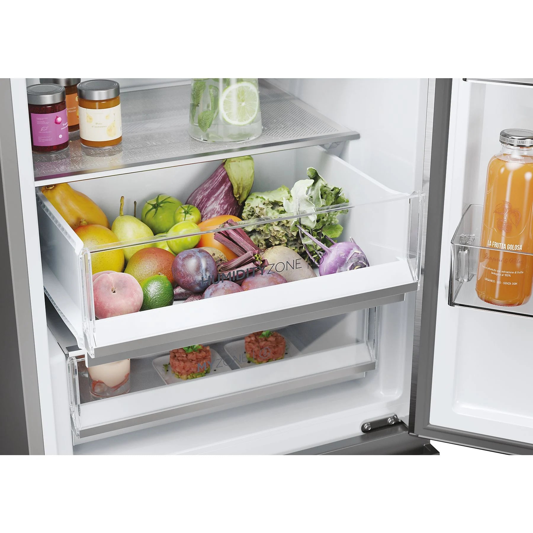 Haier Combi 3D 60 Series 5 fridge with No Frost, 205 cm height, 414 l capacity, Wi-Fi, and sleek inox finish.