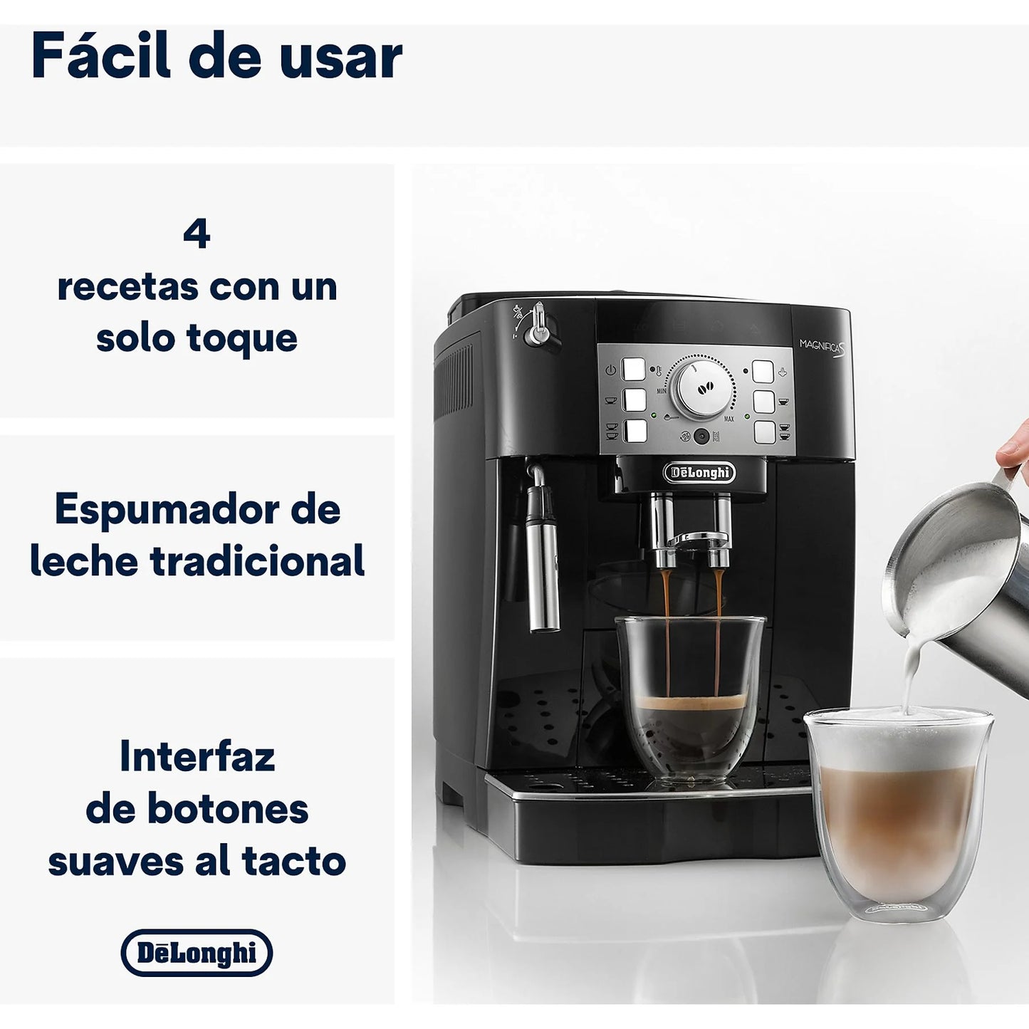 De'Longhi Magnifica S super-automatic coffee machine in black with integrated grinder and steam wand.