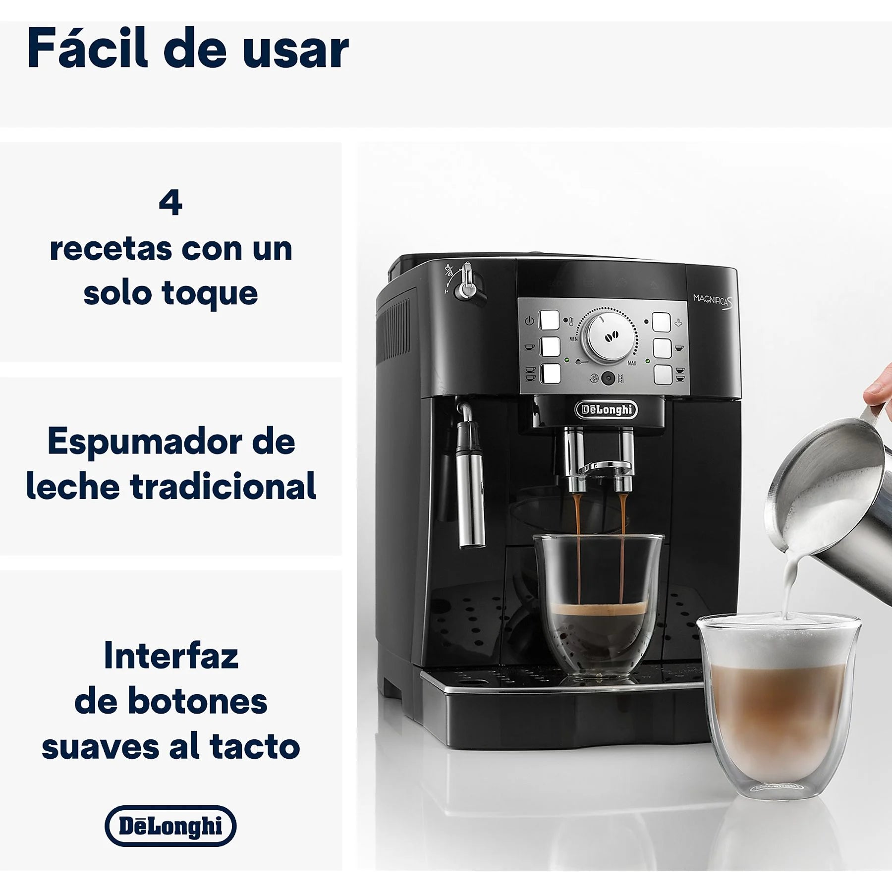 De'Longhi Magnifica S super-automatic coffee machine in black with integrated grinder and steam wand.
