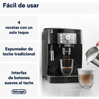 De'Longhi Magnifica S super-automatic coffee machine in black with integrated grinder and steam wand.
