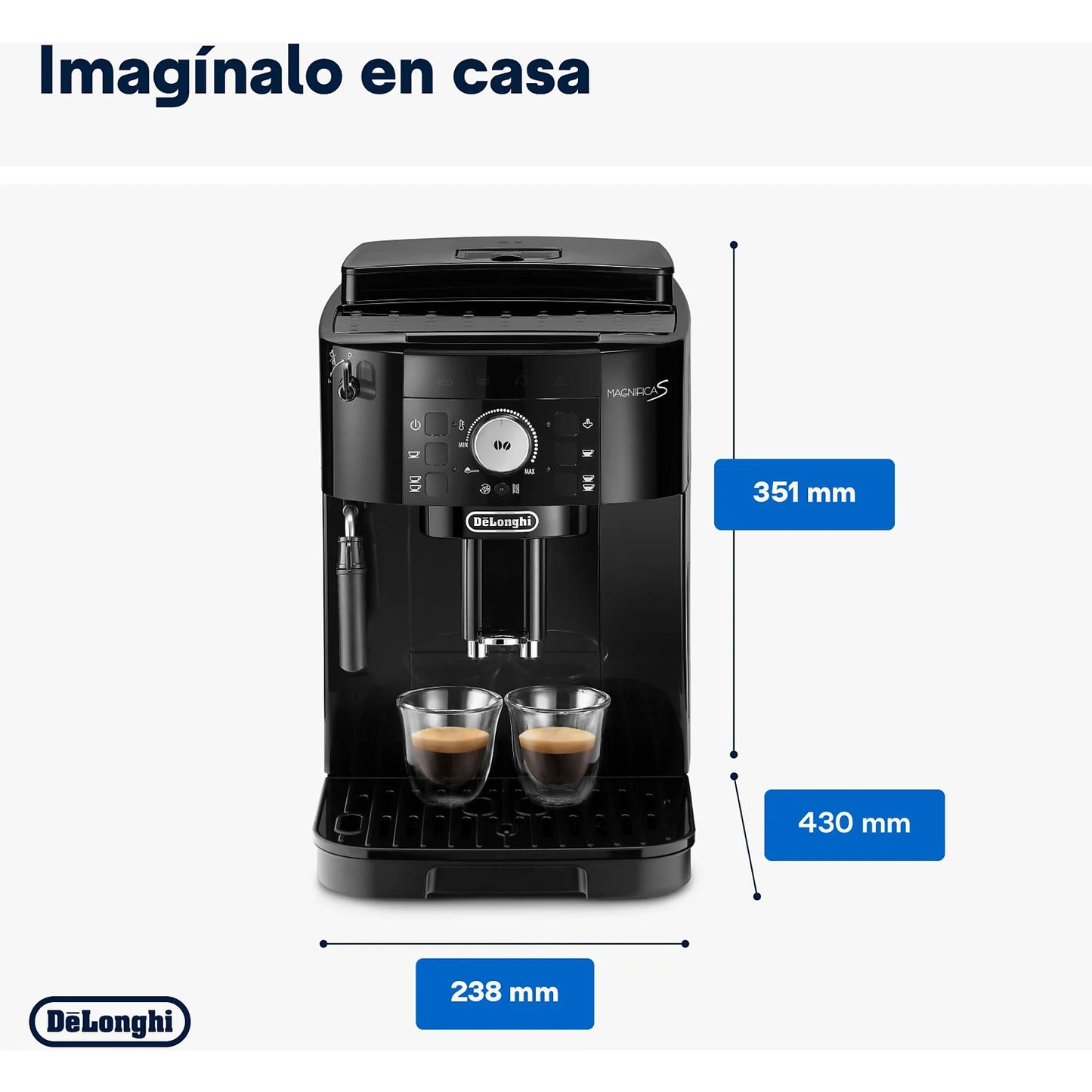 De'Longhi Magnifica S ECAM22.113.B superautomatic coffee machine in black with integrated grinder and steam wand.