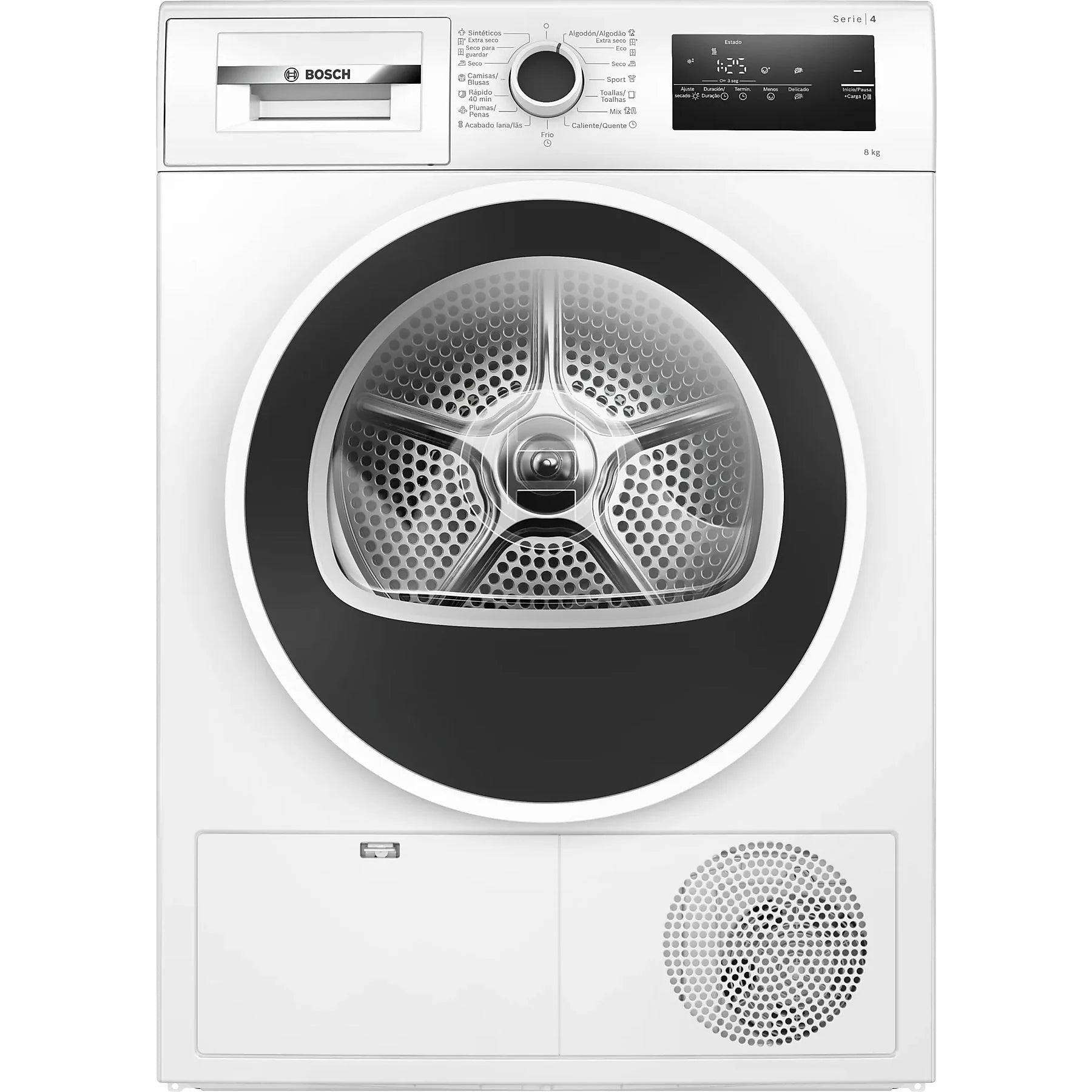Bosch WTR83200ES heat pump dryer in white, 8 kg capacity, featuring AutoDry and Easy Clean functions.