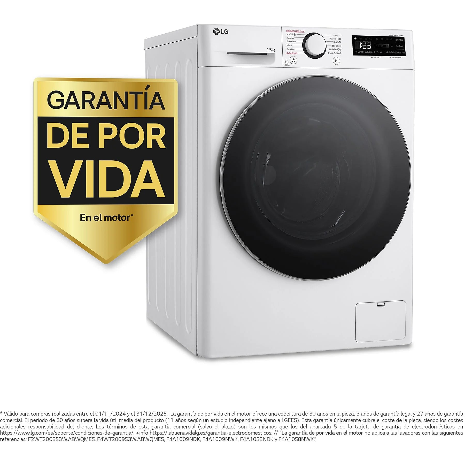 LG F2DR5S09A1W washer dryer, 9 kg wash capacity, 5 kg dry capacity, white, featuring 12 programs and 1200 rpm spin speed.