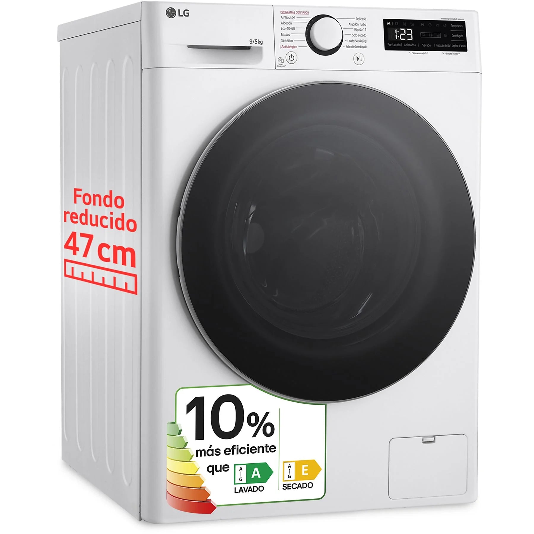 LG F2DR5S09A1W washer dryer combo in white, featuring 9 kg washing capacity, 5 kg drying capacity, and 12 programs.