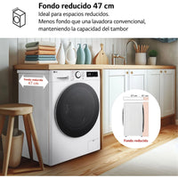 LG F2DR5S09A1W washer dryer, 9 kg wash, 5 kg dry, white, featuring 1200 rpm and 12 programs.