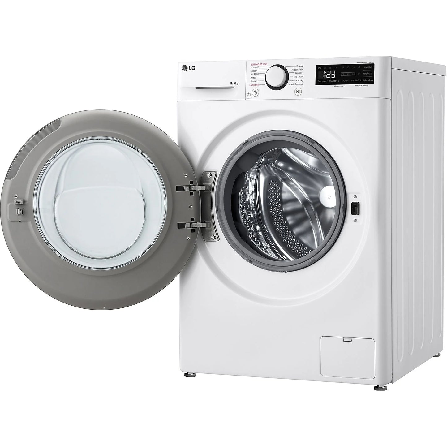 LG F2DR5S09A1W washer dryer in white, showcasing 9 kg wash and 5 kg dry capacity, with 12 program settings.