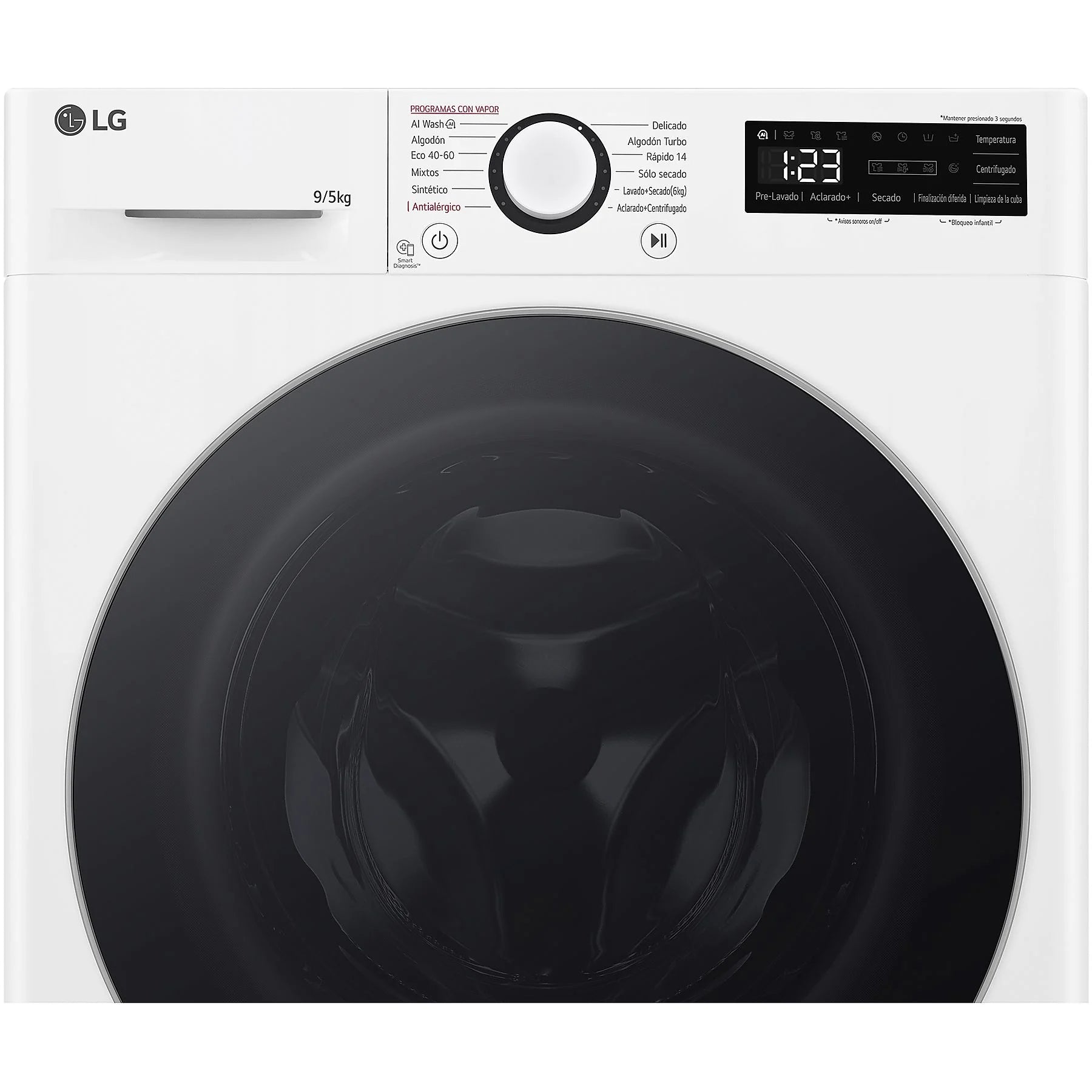 LG F2DR5S09A1W washer dryer in white, featuring 9 kg wash and 5 kg dry capacity, 1200 rpm, and 12 programs.