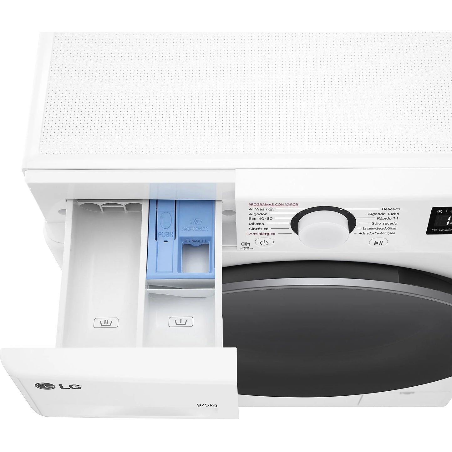 LG F2DR5S09A1W washer dryer, white, 9 kg wash capacity, 5 kg dry capacity, 1200 rpm, featuring 12 programs.