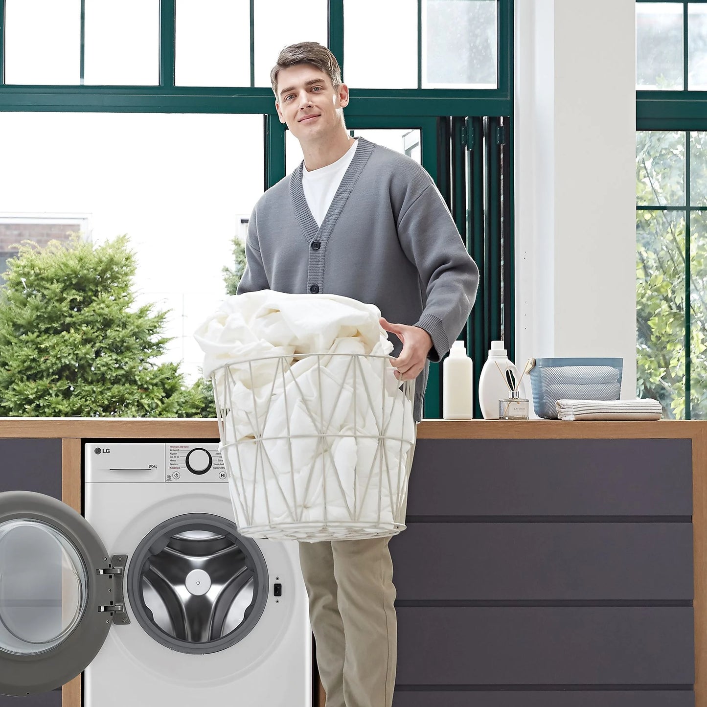 LG F2DR5S09A1W washer dryer combo in white, featuring 9 kg wash and 5 kg dry capacity, 1200 rpm, and 12 programs.