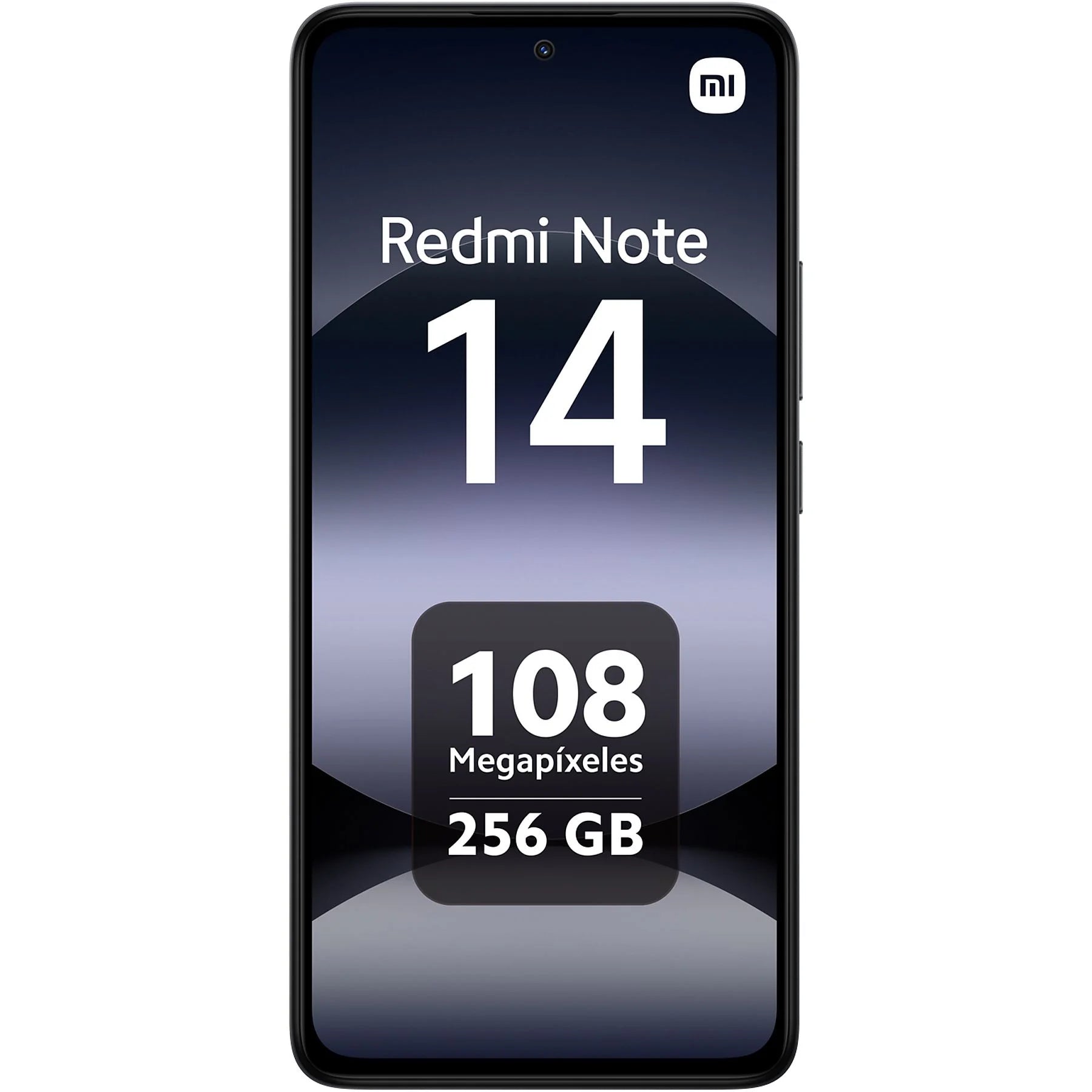 Xiaomi Redmi Note 14 smartphone in midnight black, featuring 256 GB storage, 8 GB RAM, and 6.67" AMOLED display.