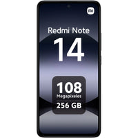 Xiaomi Redmi Note 14 smartphone in midnight black, featuring 256 GB storage, 8 GB RAM, and 6.67" AMOLED display.