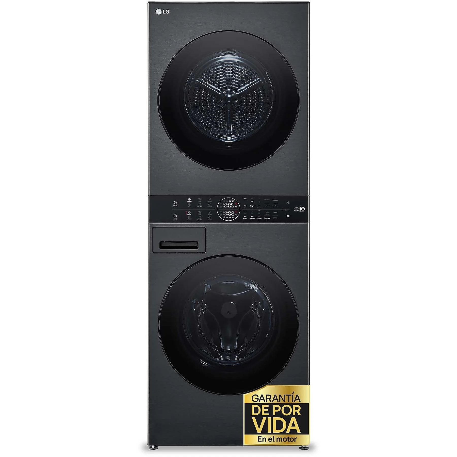 LG WashTower™ washer dryer combo in graphite stainless steel, 12/10 kg capacity, showcasing TurboWash™ technology.