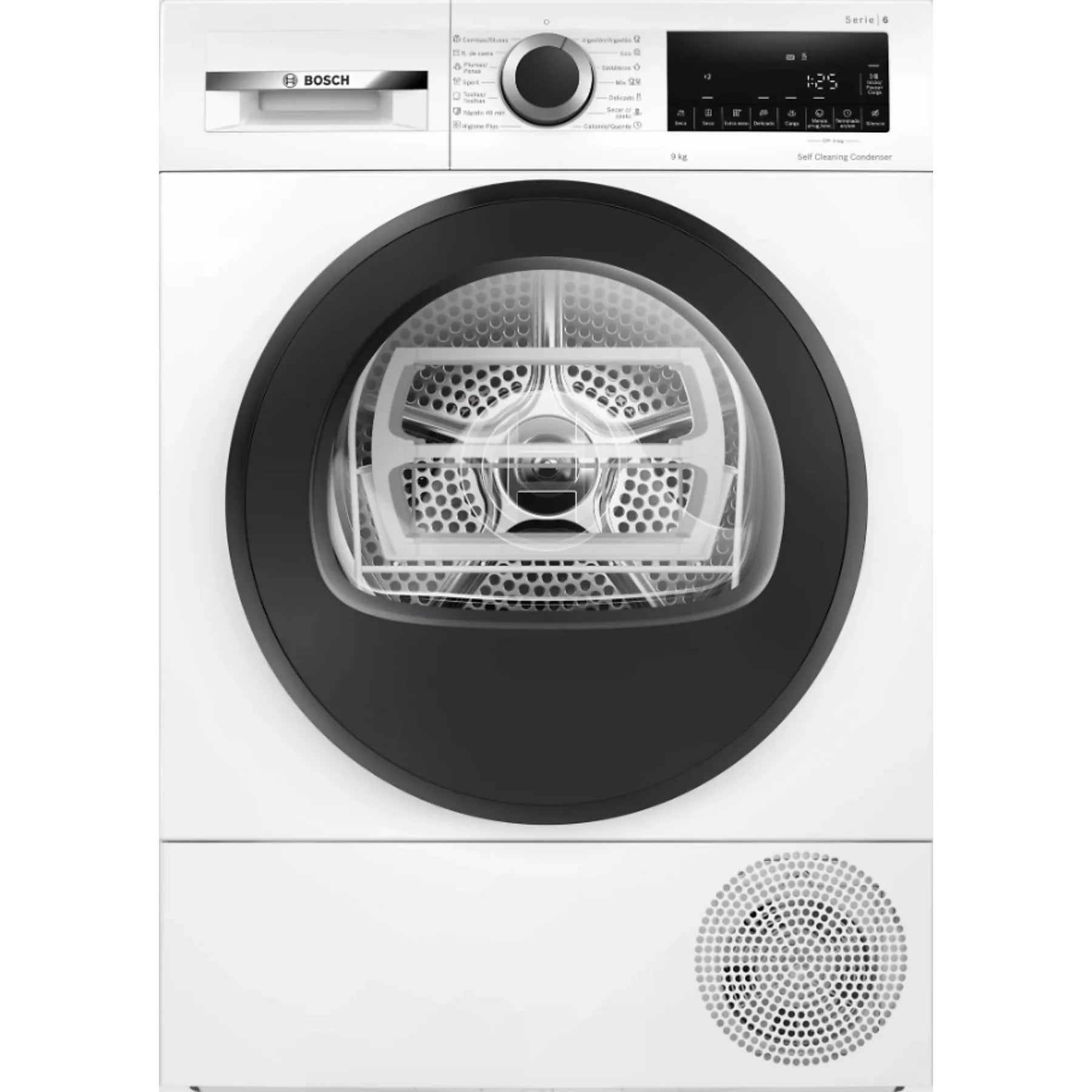 Bosch WQG245D0ES heat pump dryer, 9 kg capacity, white, featuring AutoDry and self-cleaning condenser.